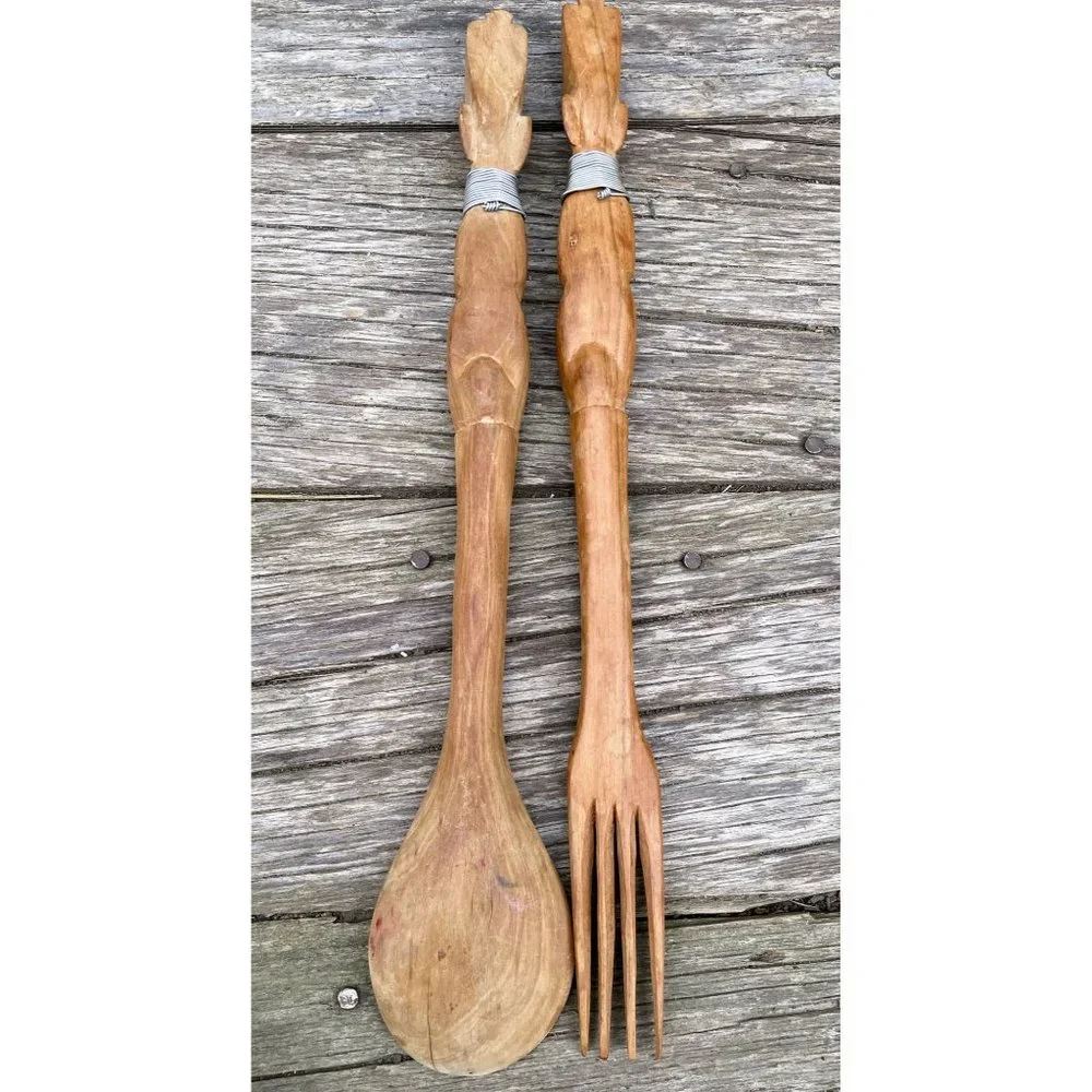 Vintage MCM Carved Wood African Salad Fork Spoon Head Bust handles